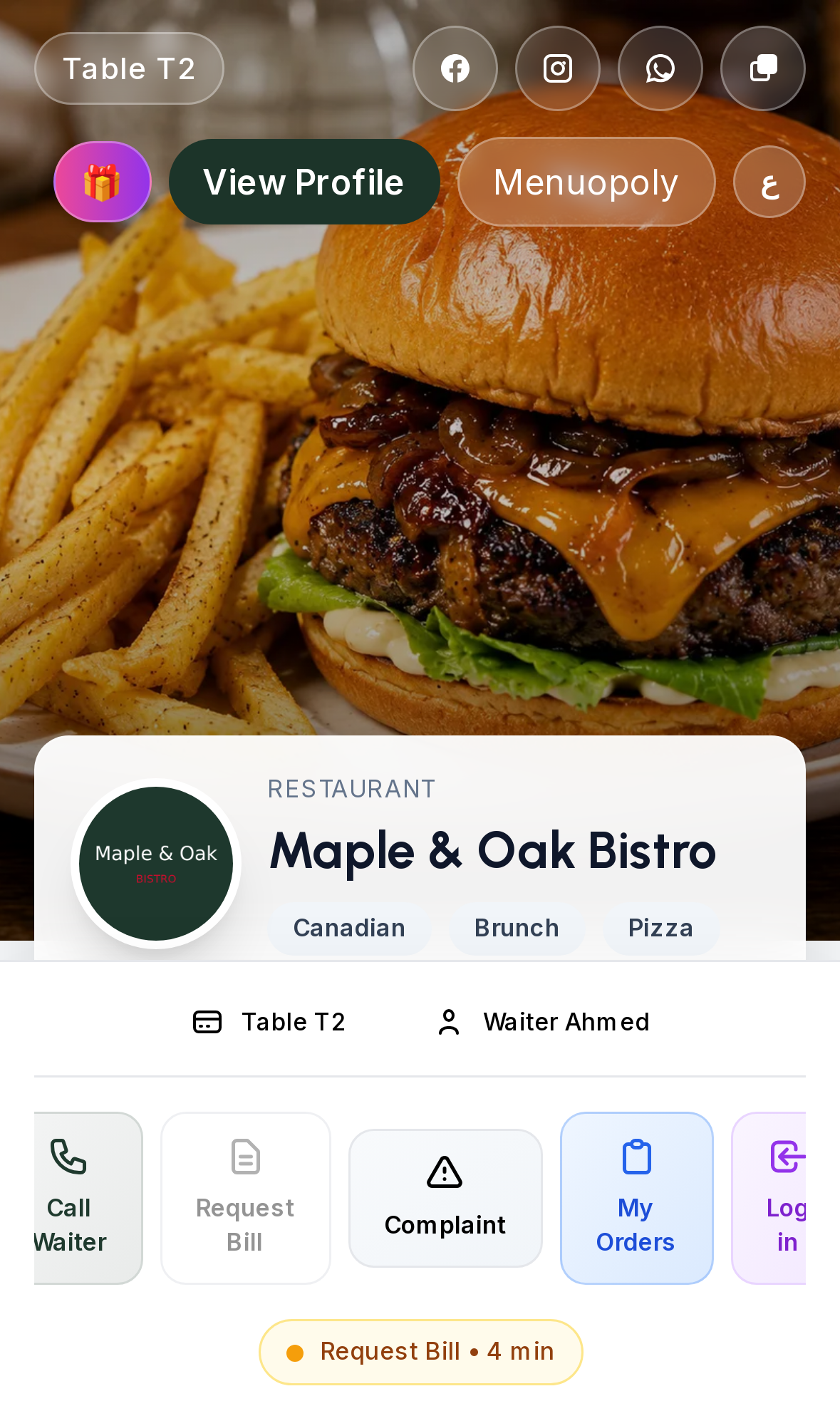 Guest browsing the Maple & Oak Bistro menu on a phone with photos and CA$ prices