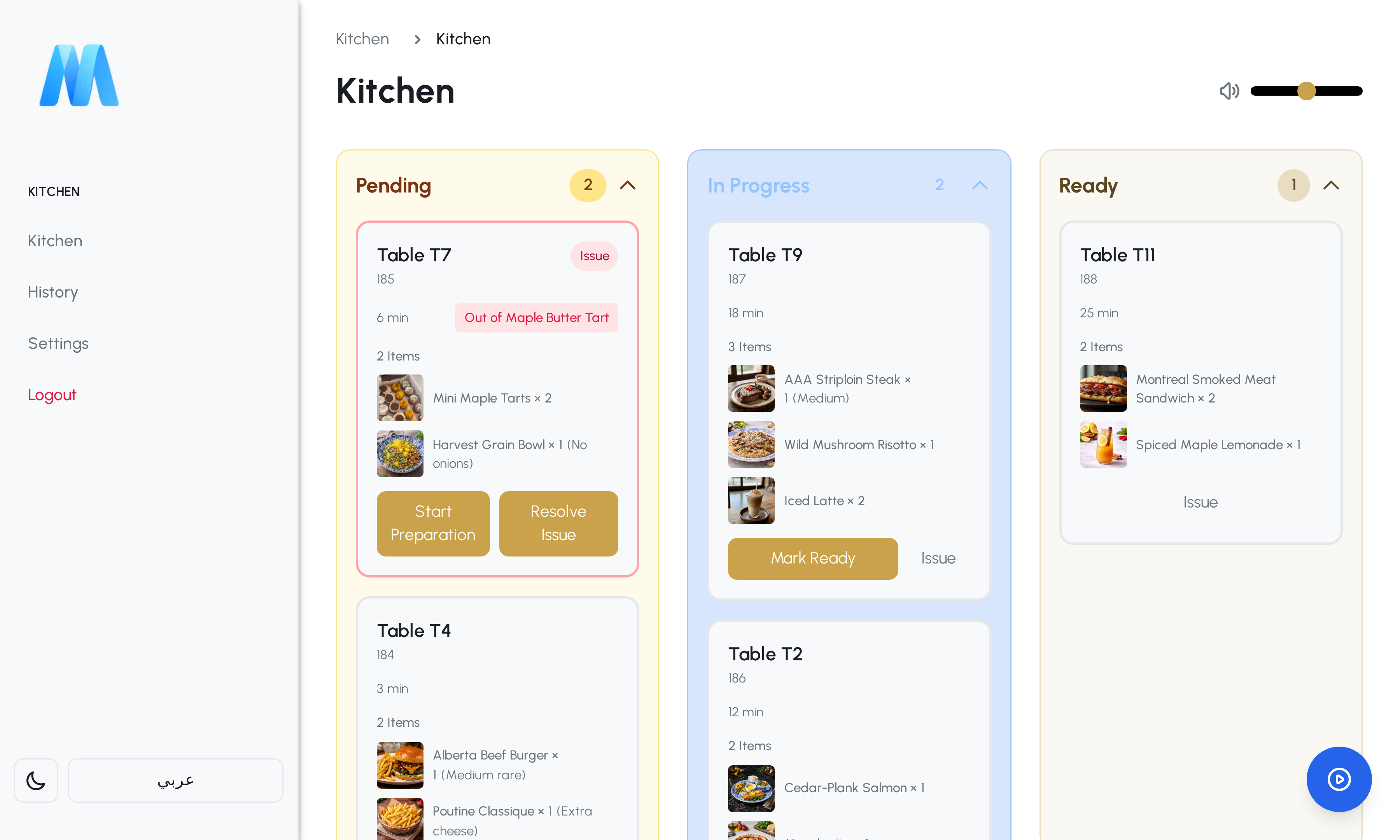 Kitchen display with pending, in-progress and ready orders
