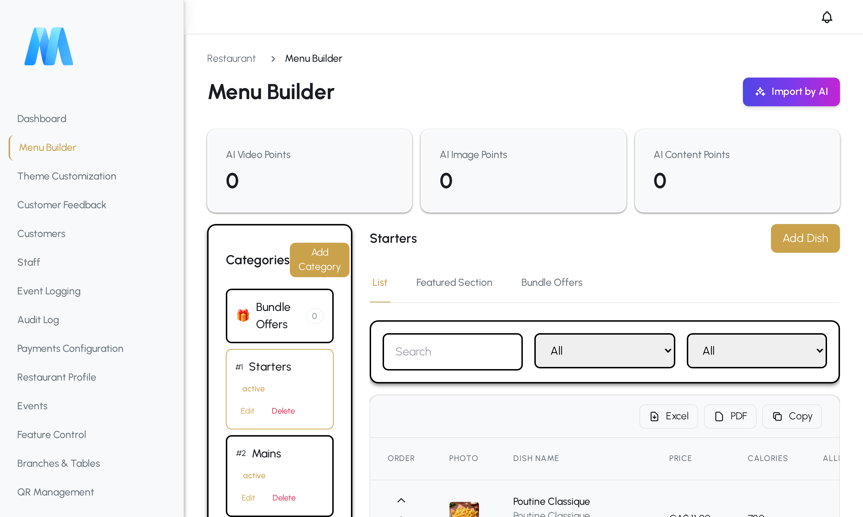 Menu builder listing categories and dishes with photos