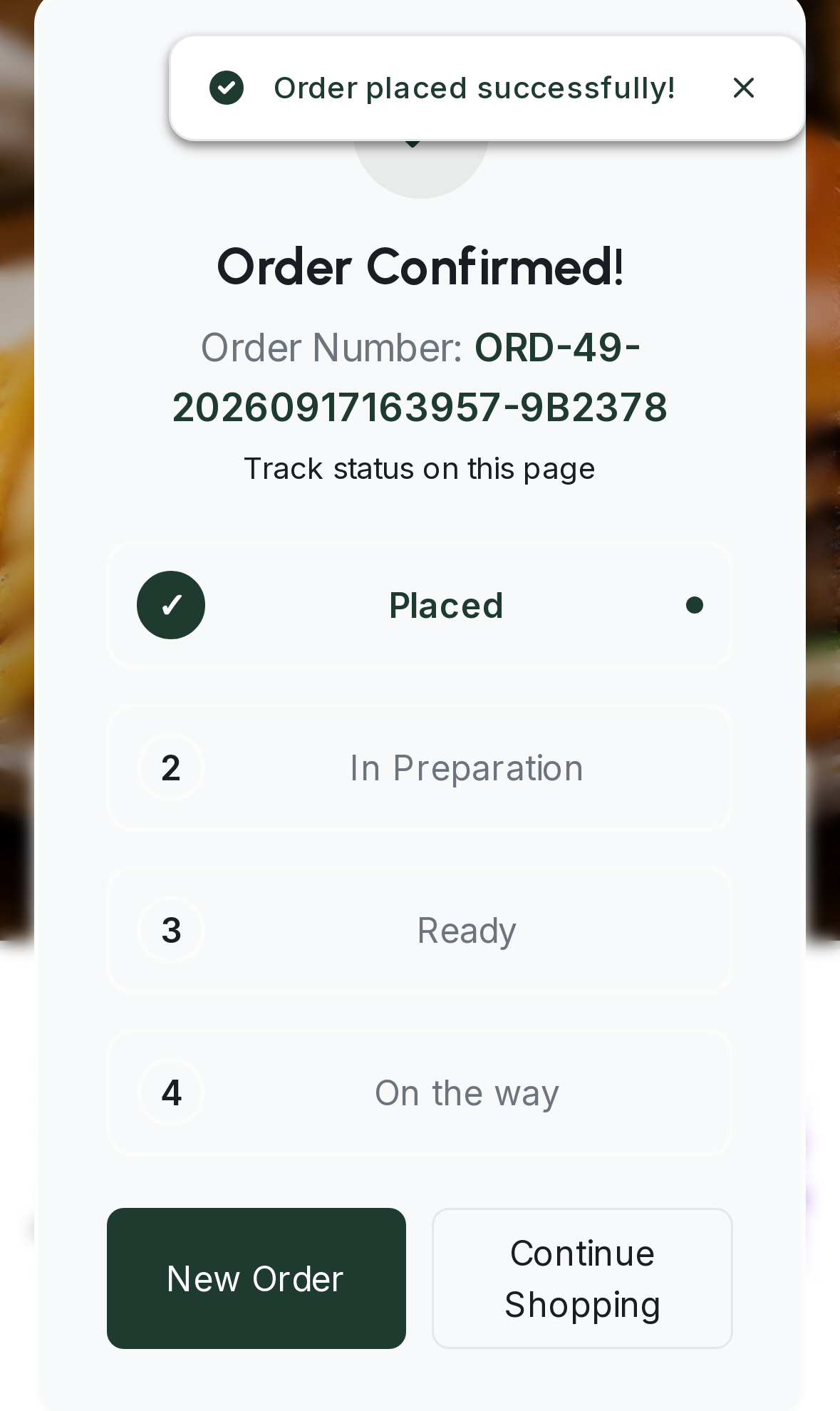 Order confirmed screen with live status steps